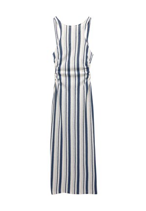 Ärmelloses Maxikleid mit vertikalen marineblauen und weißen Streifen und tailliertem Bund, flach auf weißem Hintergrund ausgelegt.