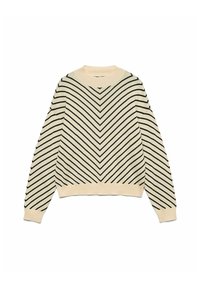 Maglione color crema con strisce a chevron nere. Presenta maniche lunghe e scollo arrotondato con polsini e orlo a costine. Tessuto liscio.