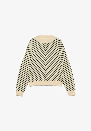 Krem pulover s črnimi cik-cak črtami. Ima dolge rokave in okrogel izrez z rebrastimi manšetami in robom. Gladek tekstura.