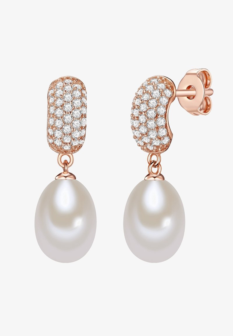 Uhani v rožnato zlato s teksturirano zgornjim delom, okrašenim z diamanti, ki preidejo v gladek, prevelik beli biser na koncu.