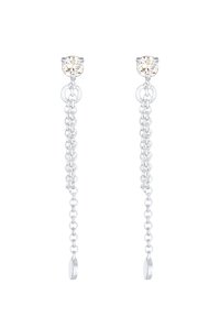 Pendientes de cadena de plata que presentan un stud de cristal redondo y un diseño de cadena alargada, con eslabones circulares y acentos suaves.