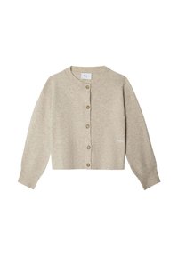 Beige ullcardigan, kort design, rund halsringning, ribbade ärmslut och nederkant, framknäppning med träknappar, subtil logotypdetalj.