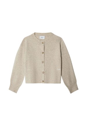 Beige Wollcardigan, cropped Design, runder Halsausschnitt, gerippte Bündchen und Saum, vordere Knopfleiste mit Holzknebeln, dezentes Logo-Detail.