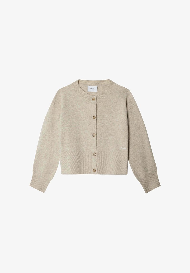 Béžový vlněný kardigan, zkrácený střih, kulatý výstřih, žebrované manžety a lem, přední zapínání na dřevěné knoflíky, jemný detail loga.