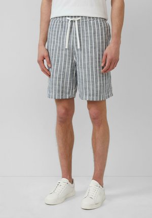 Blauwe en witte gestreepte shorts met een elastische band en koordsluiting; gemaakt van een textuurstof; knielang en casual pasvorm.