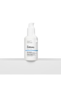 White plastic bottle with pump dispenser, labeled "The Ordinary," featuring blue accents and text detailing niacinamide 5% formulation.