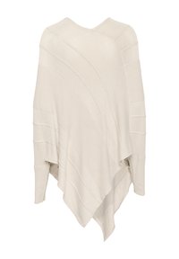 Cremfarbener Strickponcho in dreieckiger Form, ausgestattet mit horizontalen Rippenmustern und einem tiefen V-Ausschnitt. Weicher Stoff und leichtes Material.
