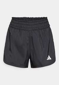 Fekete sportos rövidnadrág gumis derékrésszel, elöl alul fehér logóval díszítve. Könnyű, sima anyagból készült.