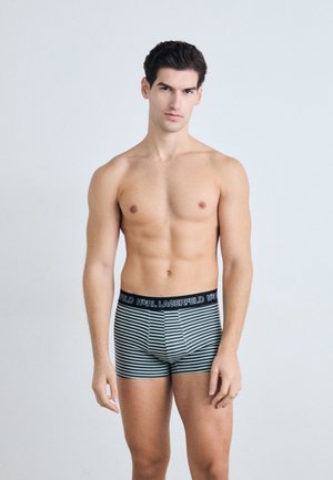 Boxers noirs et gris à rayures avec une ceinture logo, fabriqués en tissu lisse et présentant une coupe ajustée. Le modèle se tient debout, les bras le long du corps.