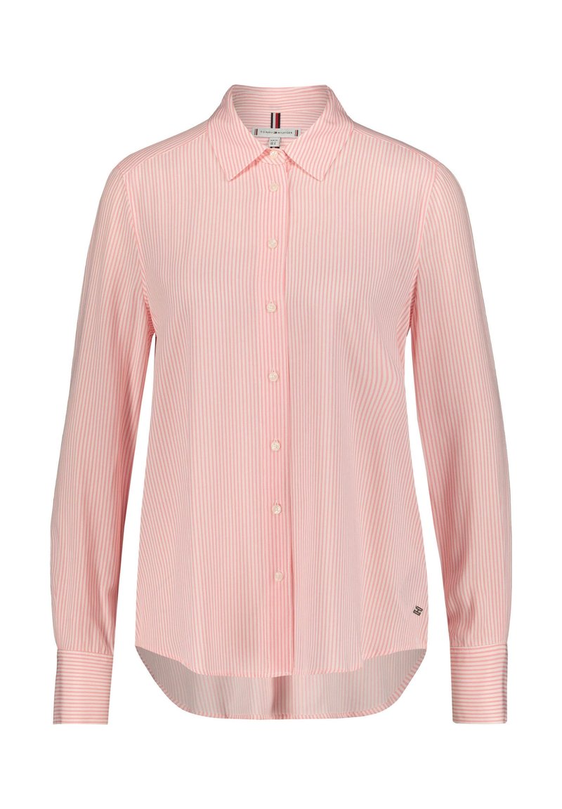 Button-up shirt in light pink with white vertical stripes, long sleeves, classic collar, featuring a curved hem and logo accent at the bottom.