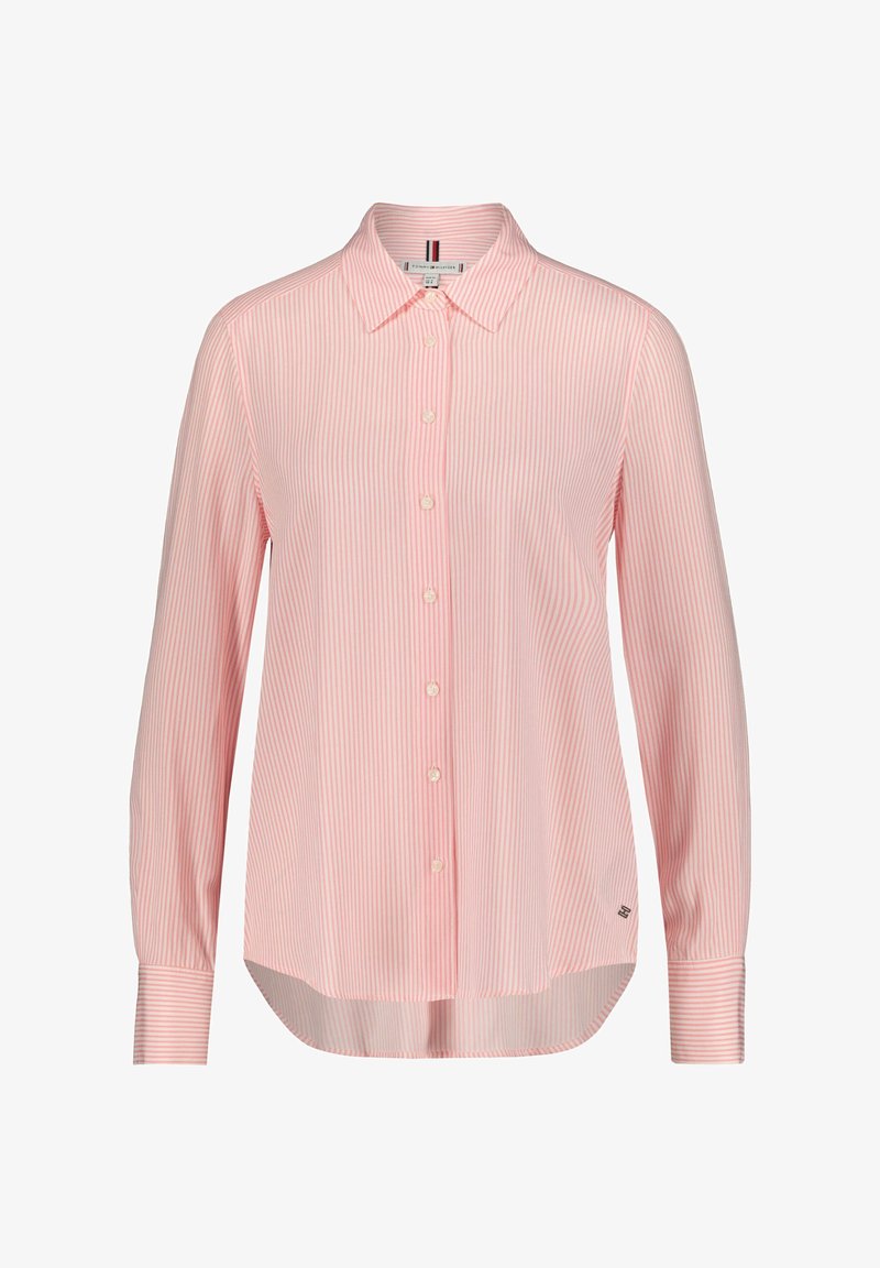 Button-up shirt in light pink with white vertical stripes, long sleeves, classic collar, featuring a curved hem and logo accent at the bottom.