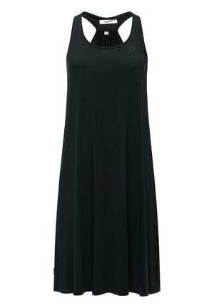 Sort ærmeløs kjole til knæet med racerback-design og rund hals, lavet af letvægtsstof.