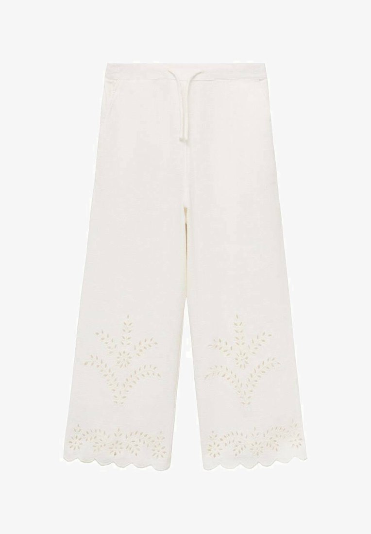 Witte katoenen culottebroek met een geschulpte zoom, voorzien van bloemenborduursnedes aan de onderkant, een elastische taille met trekkoord en een wijde pijpdesign.