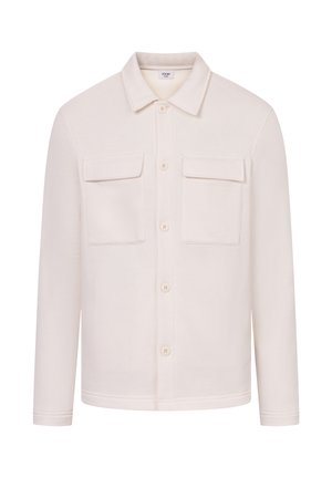 Cremefarbige Langarmjacke mit Knopfverschluss, spitzem Kragen und zwei vorderen Klappentaschen.