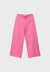 Pantalons larges cropped taille haute rose avec bouton et fermeture éclair à l'avant, présentant des poches fente de chaque côté.