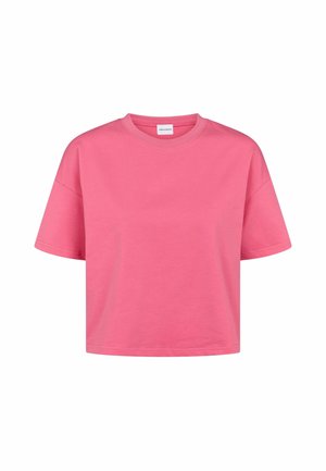 T-shirt rose uni à manches courtes et col rond, présenté sur fond blanc. Aucun logo ou motif visible.