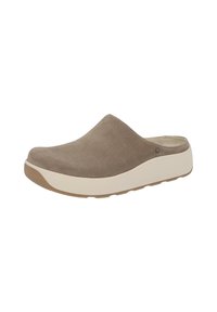 Tan leather clog with a rounded toe, smooth texture, and a thick cream sole. Interior is lightly padded for comfort.