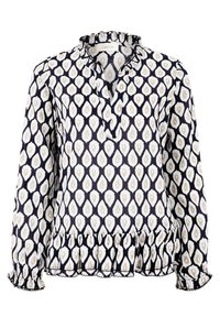 Granatowa bluzka z wzorem w kolorze kremowym i beżowym, z falbaniastym dekoltem i peplum u dołu, z koronkowym wykończeniem przy mankietach.