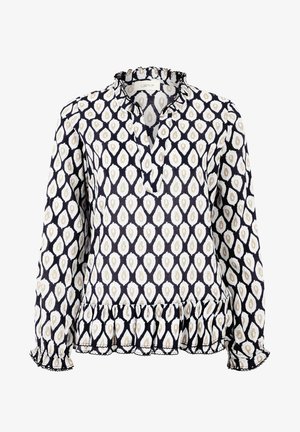 Granatowa bluzka z wzorem w kolorze kremowym i beżowym, z falbaniastym dekoltem i peplum u dołu, z koronkowym wykończeniem przy mankietach.