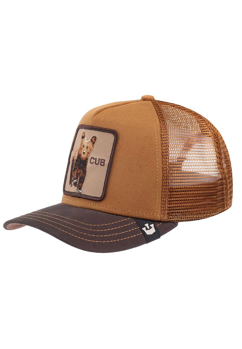 Cappellino da camionista con parte anteriore marrone, retro in rete marrone e una toppa con grafica di un cucciolo d'orso. Il cappello ha una visiera curva e cuciture a contrasto.