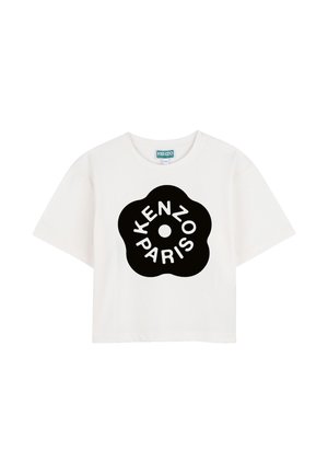 T-shirt blanc à manches courtes avec un emblème noir en forme de fleur et le texte "KENZO PARIS" en blanc à l'intérieur de l'emblème sur le devant.