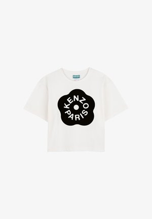 Wit T-shirt met korte mouwen en een zwart bloemvormig embleem met de tekst "KENZO PARIS" in wit binnen het embleem op de voorkant.