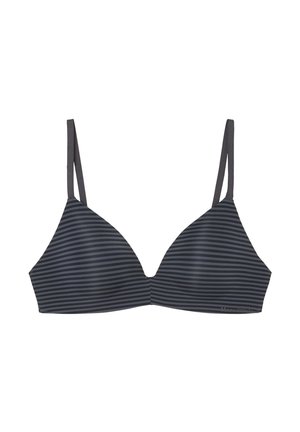 Soutien-gorge triangle en gris foncé avec des rayures verticales. Bretelles fines et ajustables, design sans coutures. Matière douce et élastique avec un minimum de matériel.