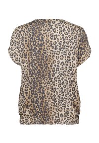 Leopardmönstrad blus i beige och mörkbrun, korta ärmar, rund halsringning, avslappnad passform, med en samlad fålldetalj.