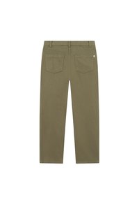 Ελαιοπράσινα βαμβακερά παντελόνια με ίσια γραμμή, δύο πίσω τσέπες και ραμμένες λεπτομέρειες στις ραφές. Χωρίς ορατά στοιχεία branding.