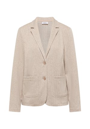 Beige visgraat blazer met een notch kraag, twee voorzakken en twee knopen. Zachte textuur, op maat gemaakte pasvorm, subtiele details.