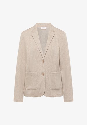Beige visgraat blazer met een notch kraag, twee voorzakken en twee knopen. Zachte textuur, op maat gemaakte pasvorm, subtiele details.