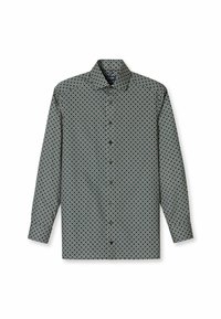 Langarmhemd in Dunkelgrün mit einem durchgehenden geometrischen Muster in Weiß und Blau. Verfügt über eine Knopfleiste und einen Kragen.