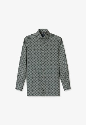 Camicia a maniche lunghe di colore verde scuro con un motivo geometrico su tutta la superficie in bianco e blu. Presenta una chiusura con bottoni e un design con colletto.