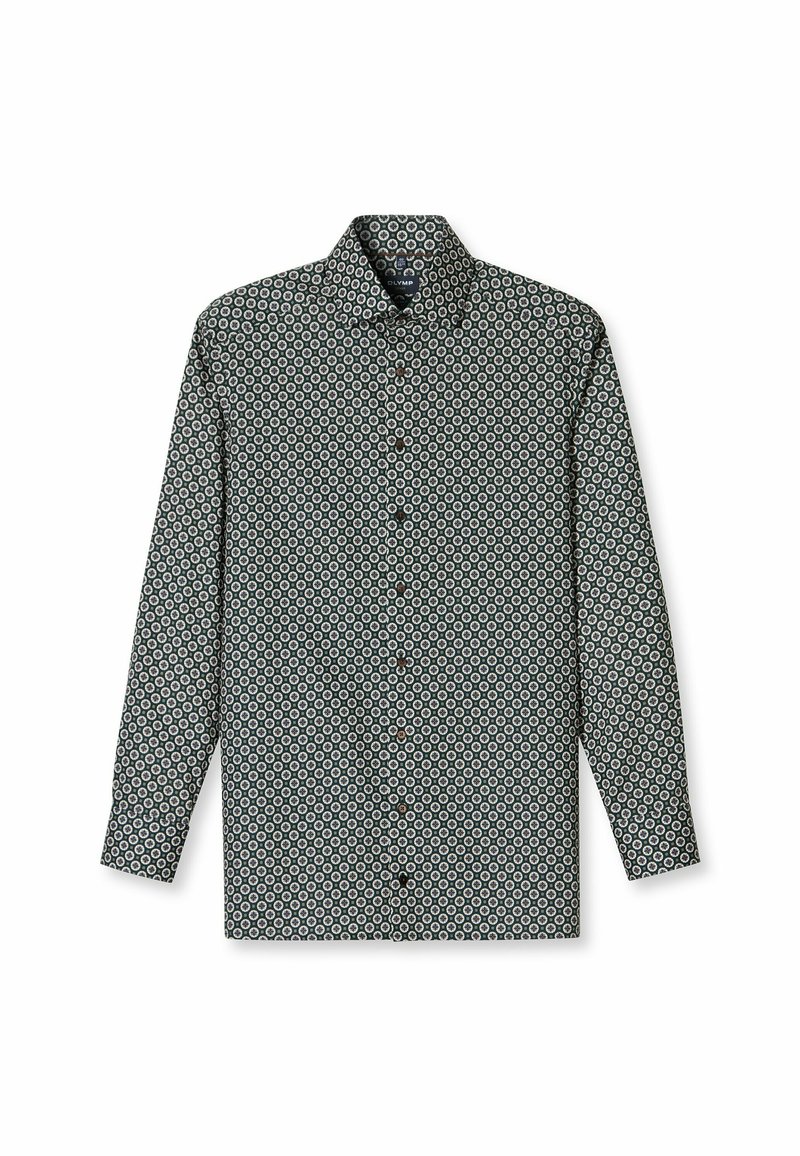 Langarmhemd in Dunkelgrün mit einem durchgehenden geometrischen Muster in Weiß und Blau. Verfügt über eine Knopfleiste und einen Kragen.