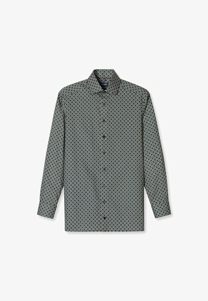 Langarmhemd in Dunkelgrün mit einem durchgehenden geometrischen Muster in Weiß und Blau. Verfügt über eine Knopfleiste und einen Kragen.