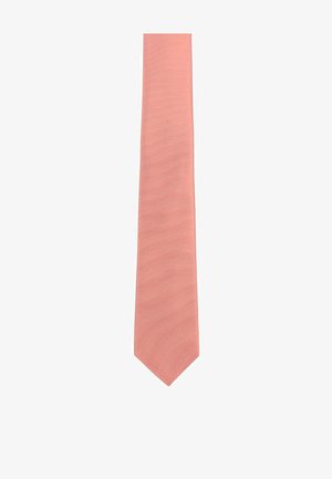 Light pink tie with a textured, ribbed design, tapering to a pointed end. Material appears smooth and sleek, suitable for formal wear.