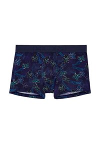Navy blue boxer shorts with floral pattern in green, blue, and black. Features a solid waistband with embossed logo detailing.