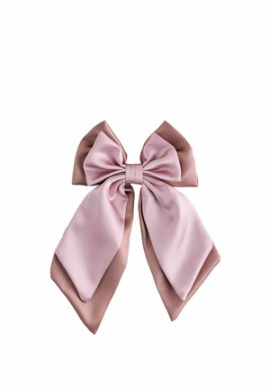 Double-layered pink and mauve silk bow with long, pointed tails against a white background.