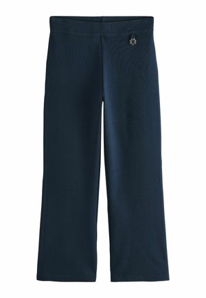Navy wijde broek gemaakt van een gladde, rekbare stof; heeft een discreet logo-detail nabij de tailleband.