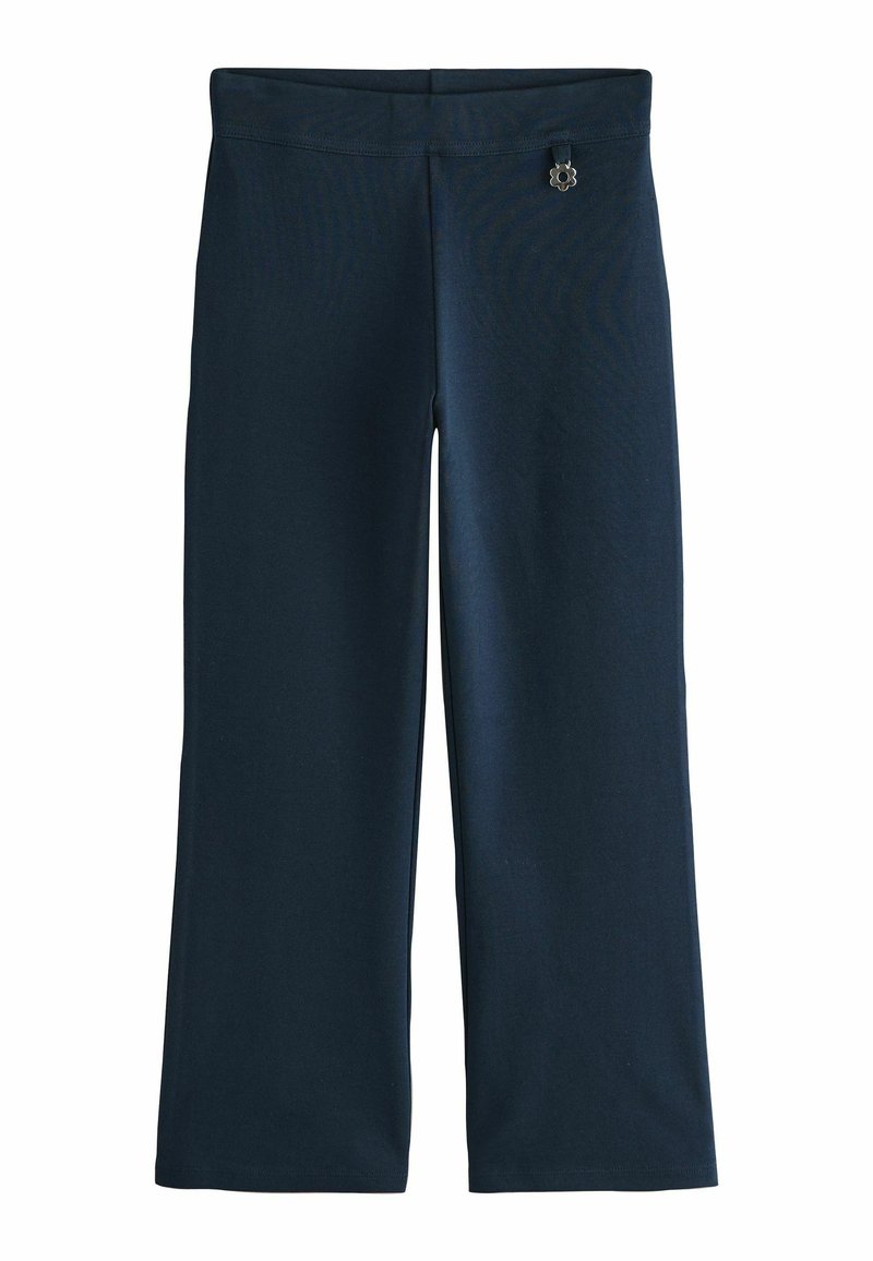 Navy wide-leg pants made from a smooth, stretchy fabric; features a discreet logo detail near the waistband.