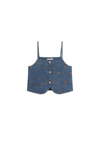 Denim crop top met dunne bandjes, knoopsluiting aan de voorkant en geborduurde bloemen- en geometrische patronen in oranje en ivoor.
