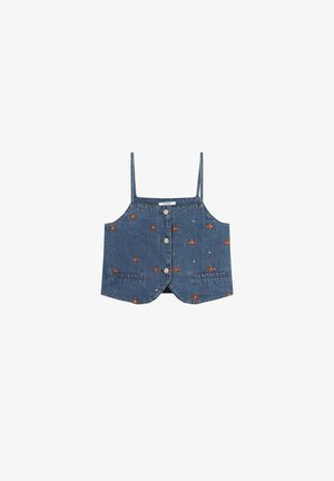 Denim crop top with thin straps, front button closure, and embroidered floral and geometric patterns in orange and ivory.