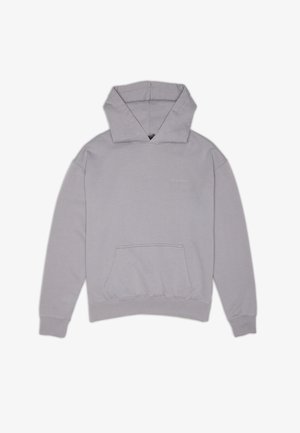 Gray hooded sweatshirt, made of soft fabric, featuring a front pocket, ribbed cuffs and hem, and a small logo on the chest.