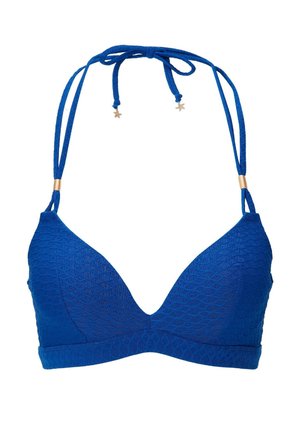 Sujetador de triángulo azul en material texturizado con un patrón de reptil. Se ata en el cuello y la espalda, con detalles en tono dorado y extremos en forma de estrella.