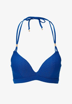 Sujetador de triángulo azul en material texturizado con un patrón de reptil. Se ata en el cuello y la espalda, con detalles en tono dorado y extremos en forma de estrella.