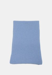 Scarf a coste leggero di colore blu chiaro, di forma rettangolare, realizzato in materiale morbido, con una consistenza liscia e un colore uniforme in tutto il capo.