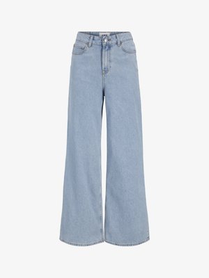 Weite blaue Denim-Jeans mit hoher Taille, ausgestattet mit einem vorderen Knopfverschluss, großen Taschen und einem sauberen Finish.