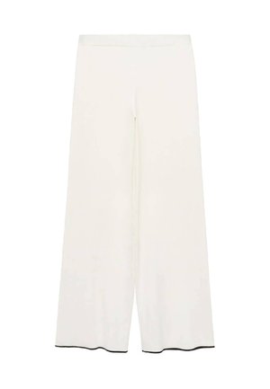 Wide-leg trousers in cream fabric with a smooth texture. Features a clean waistband and black trim along the hem for contrast.
