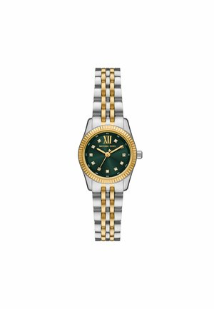 Michael Kors armbåndsur med grøn urskive, guldbeklædning, diamant-timesmarkører og sølv-guld tofarvet metalarmbånd.