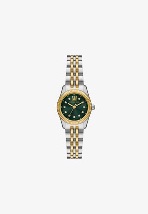 Zegarek na rękę Michael Kors z zieloną tarczą, złotą lunetą, diamentowymi indeksami godzin oraz dwukolorową srebrno-złotą metalową bransoletą.
